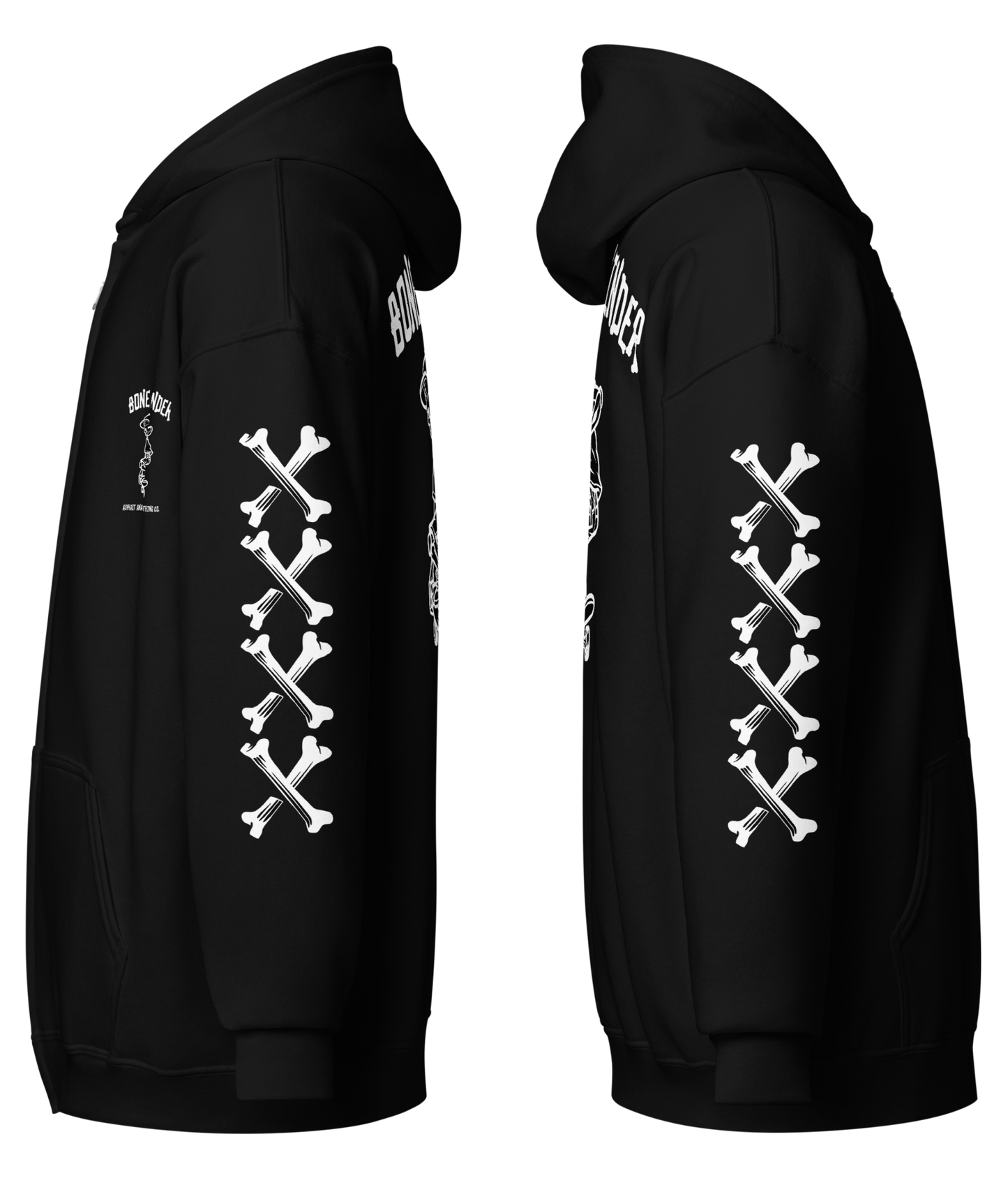 
                  
                    Left & right side view of Bone Grinder Heavy Zipper Hoodie in black by Asphalt Anarchist Clothing Co., featuring full-back skeleton skater nose grab graphic, bone-font XXXX sleeve detail, and front chest pocket print. AI-generated image.
                  
                