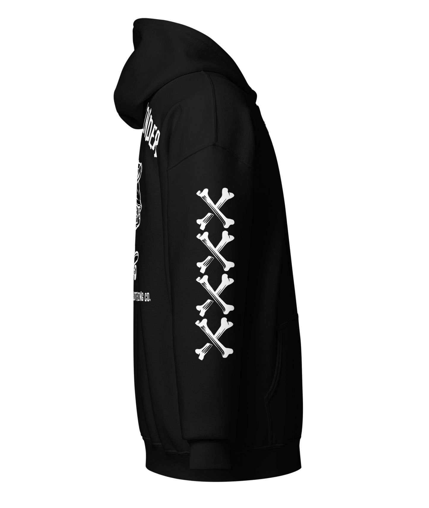 
                  
                    Right side view of Bone Grinder Heavy Zipper Hoodie in black by Asphalt Anarchist Clothing Co., featuring full-back skeleton skater nose grab graphic, bone-font XXXX sleeve detail, and front chest pocket print. AI-generated image.
                  
                