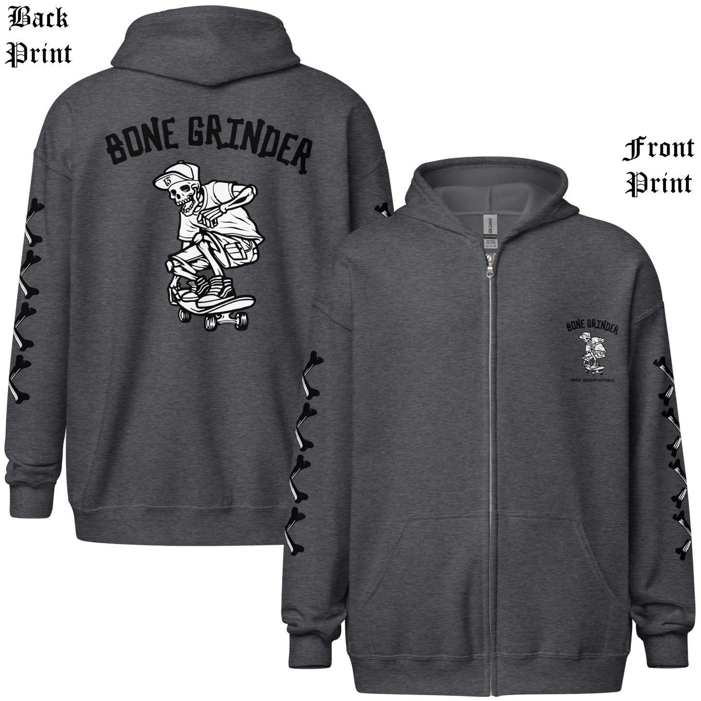 
                  
                    Back and front view of Bone Grinder Heavy Zipper Hoodie in gray by Asphalt Anarchist Clothing Co., featuring full-back skeleton skater nose grab graphic, bone-font XXXX sleeve detail, and front chest pocket print. AI-generated image.
                  
                