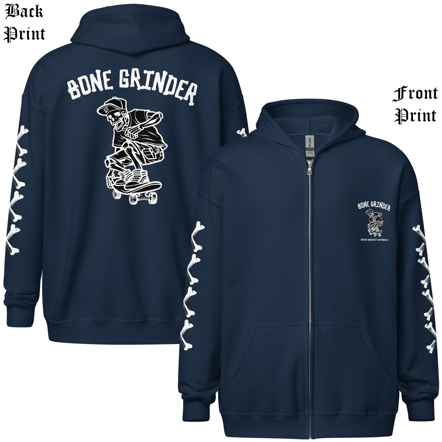 
                  
                    Back and front view of Bone Grinder Heavy Zipper Hoodie in navy by Asphalt Anarchist Clothing Co., featuring full-back skeleton skater nose grab graphic, bone-font XXXX sleeve detail, and front chest pocket print. AI-generated image.
                  
                