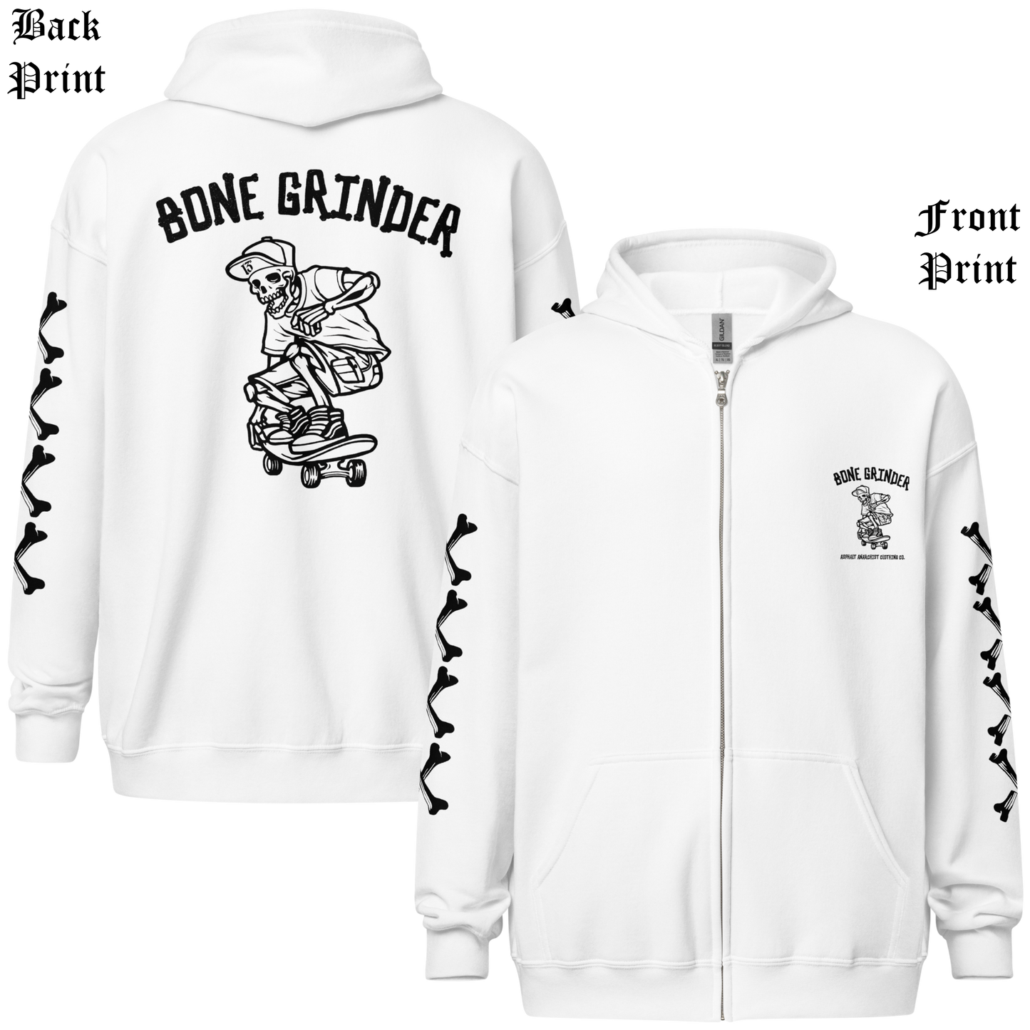 
                  
                    Back and front view of Bone Grinder Heavy Zipper Hoodie in white by Asphalt Anarchist Clothing Co., featuring full-back skeleton skater nose grab graphic, bone-font XXXX sleeve detail, and front chest pocket print. AI-generated image.
                  
                