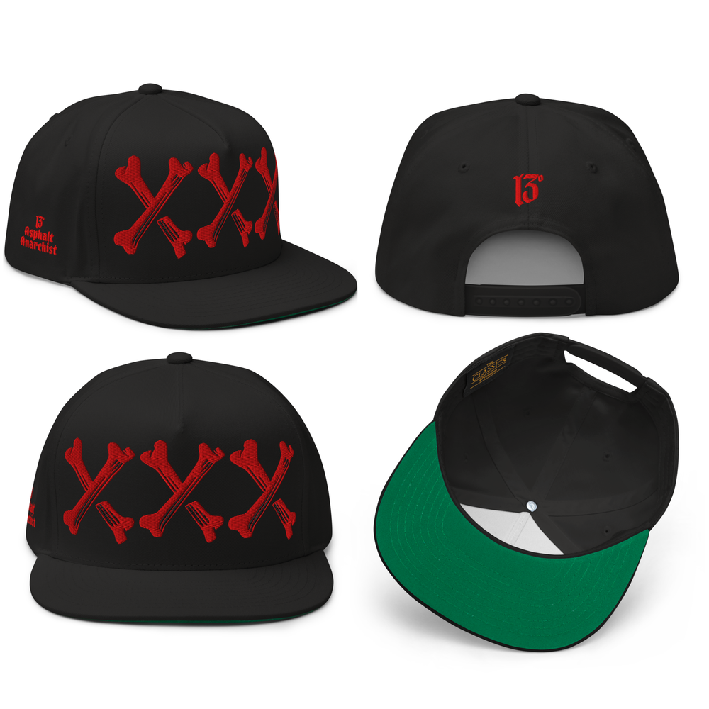 
                  
                    Front collage view of the Bone Grinder Embroidered Snapback in black by Asphalt Anarchist Clothing Co.—5-panel hat with bone-font XXX front embroidery and stitched ⓭ detail on the back. AI-generated image.
                  
                