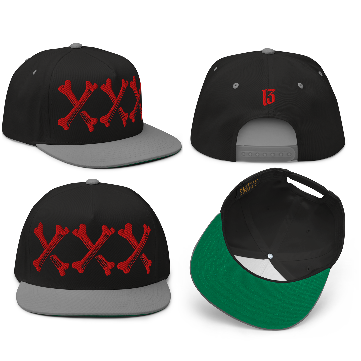 
                  
                    Front collage view of the Bone Grinder Embroidered Snapback in black & gray by Asphalt Anarchist Clothing Co.—5-panel hat with bone-font XXX front embroidery and stitched ⓭ detail on the back. AI-generated image.
                  
                