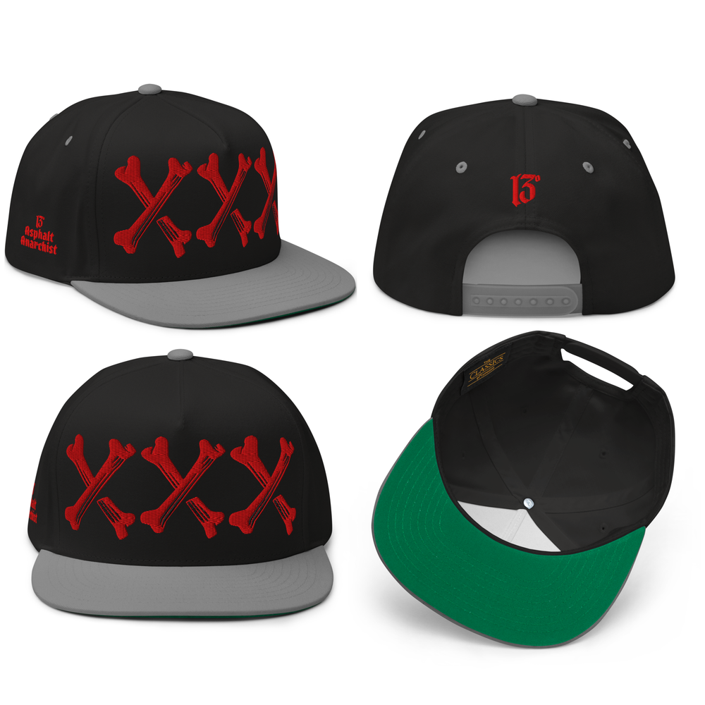 
                  
                    Front collage view of the Bone Grinder Embroidered Snapback in black & gray by Asphalt Anarchist Clothing Co.—5-panel hat with bone-font XXX front embroidery and stitched ⓭ detail on the back. AI-generated image.
                  
                