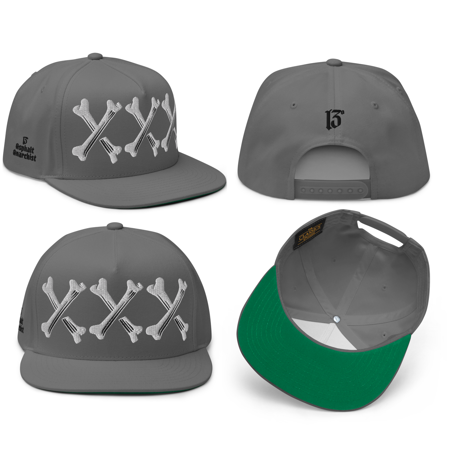
                  
                    Front collage view of the Bone Grinder Embroidered Snapback in gray by Asphalt Anarchist Clothing Co.— 5-panel hat with bone-font XXX front embroidery and stitched ⓭ detail on the back. AI-generated image.
                  
                