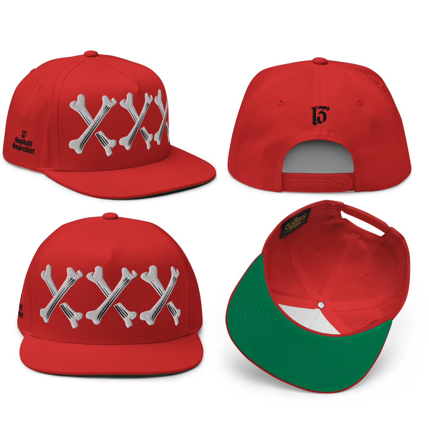 
                  
                    Front collage view of the Bone Grinder Embroidered Snapback in red by Asphalt Anarchist Clothing Co.—5-panel hat with bone-font XXX front embroidery and stitched ⓭ detail on the back. AI-generated image.
                  
                