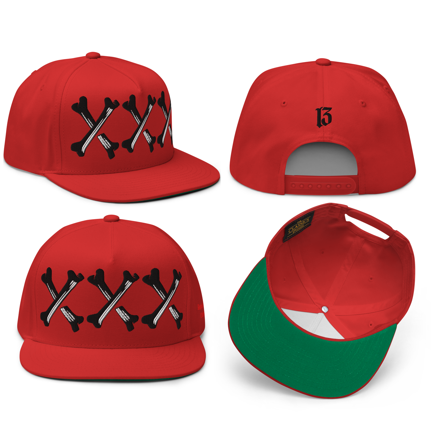 
                  
                    Front collage view of the Bone Grinder Embroidered Snapback in red by Asphalt Anarchist Clothing Co.—5-panel hat with bone-font XXX front embroidery and stitched ⓭ detail on the back. AI-generated image.
                  
                