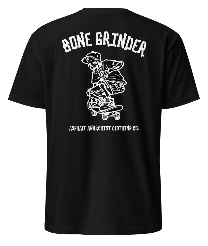 Back view of Asphalt Anarchist’s Bone Grinder Soft-Style Tee in black featuring retro skater skeleton artwork – AI Generated Image