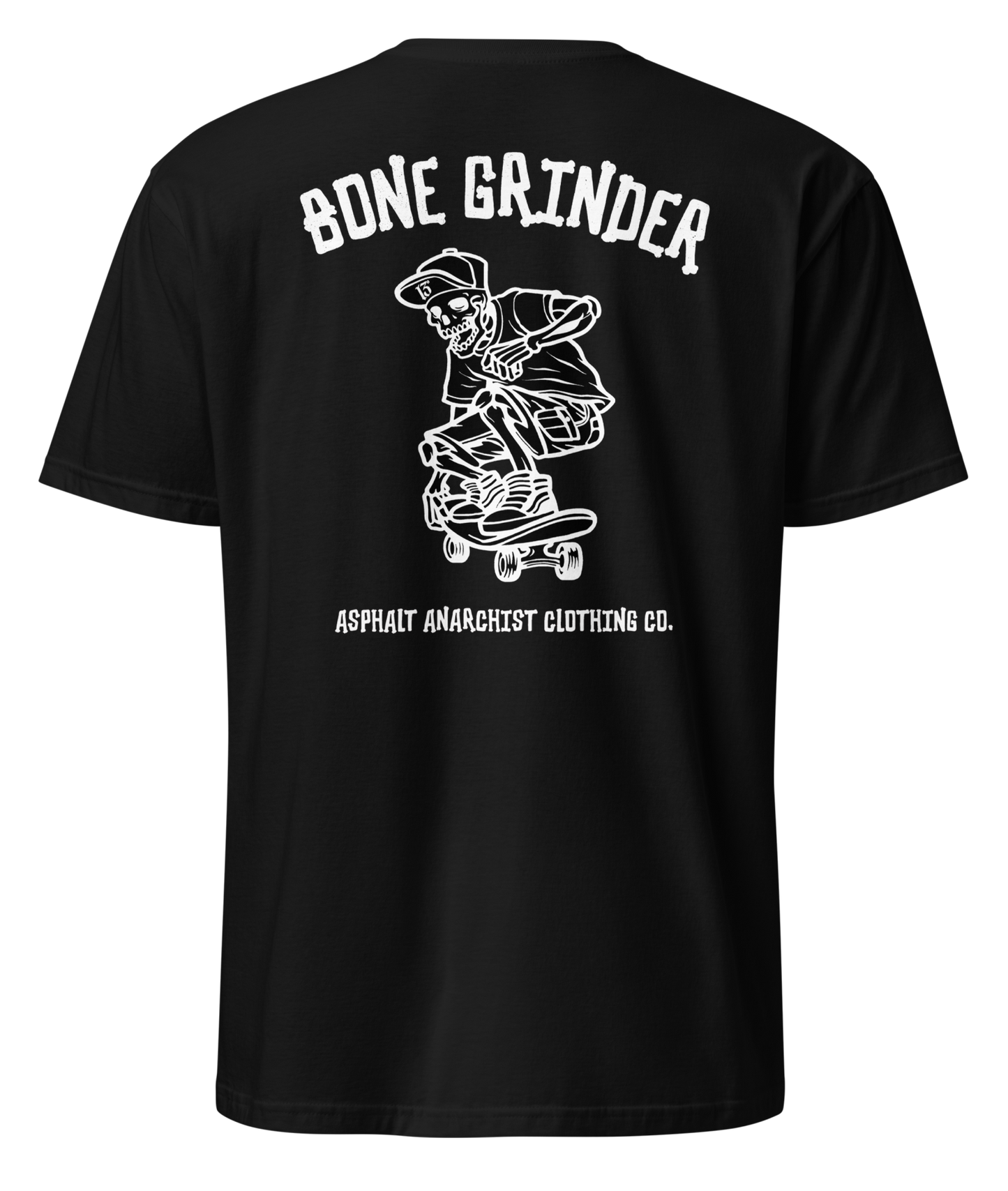 Back view of Asphalt Anarchist’s Bone Grinder Soft-Style Tee in black featuring retro skater skeleton artwork – AI Generated Image