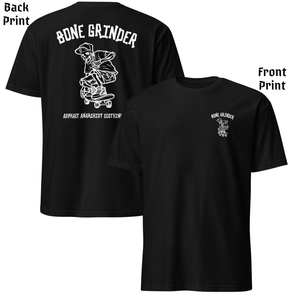 
                  
                    Back & front view of Asphalt Anarchist’s Bone Grinder Soft-Style Tee in black featuring retro skater skeleton artwork – AI Generated Image
                  
                