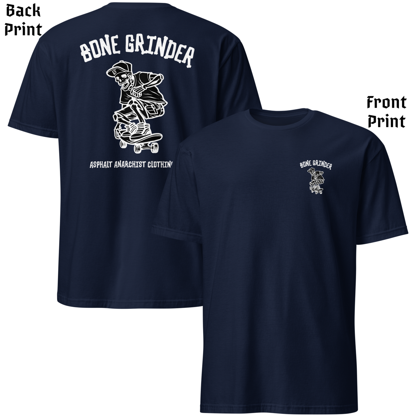 
                  
                    Back & front view of Asphalt Anarchist’s Bone Grinder Soft-Style Tee in navy featuring retro skater skeleton artwork – AI Generated 
                  
                