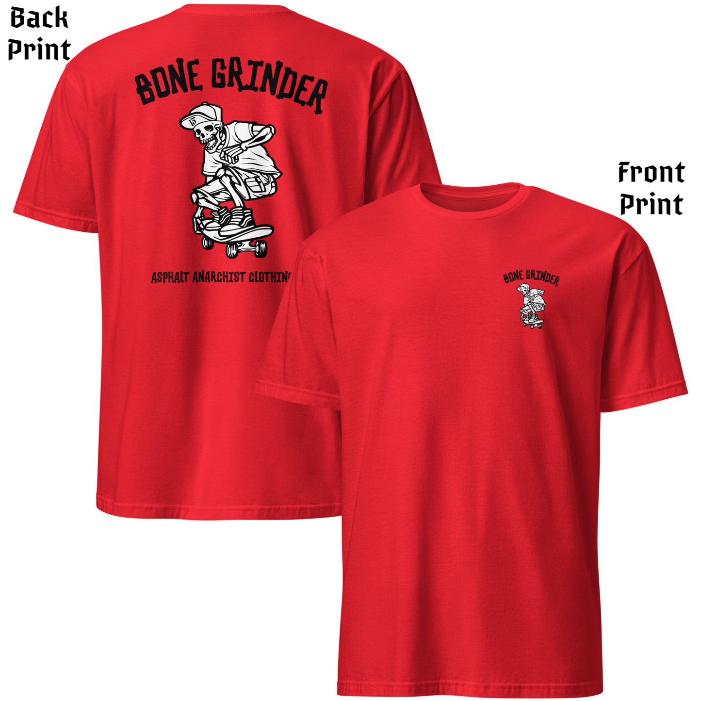 
                  
                    Back & front view of Asphalt Anarchist’s Bone Grinder Soft-Style Tee in red featuring retro skater skeleton artwork – AI Generated 
                  
                