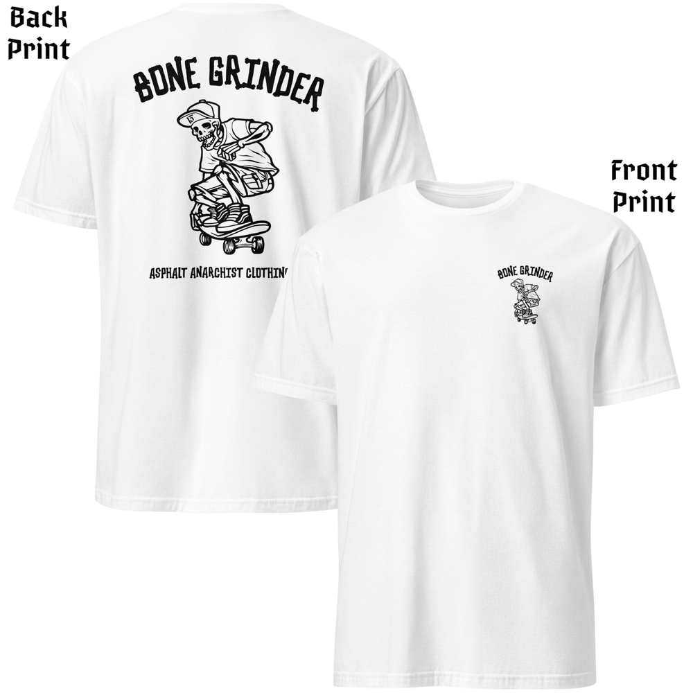 
                  
                    Back & front view of Asphalt Anarchist’s Bone Grinder Soft-Style Tee in white featuring retro skater skeleton artwork – AI Generated 
                  
                