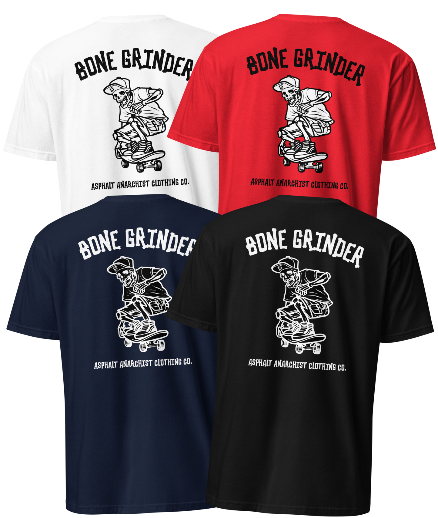Collage view of Asphalt Anarchist’s Bone Grinder Soft-Style Tee in black, navy, red, or white featuring retro skater skeleton artwork – AI Generated Image