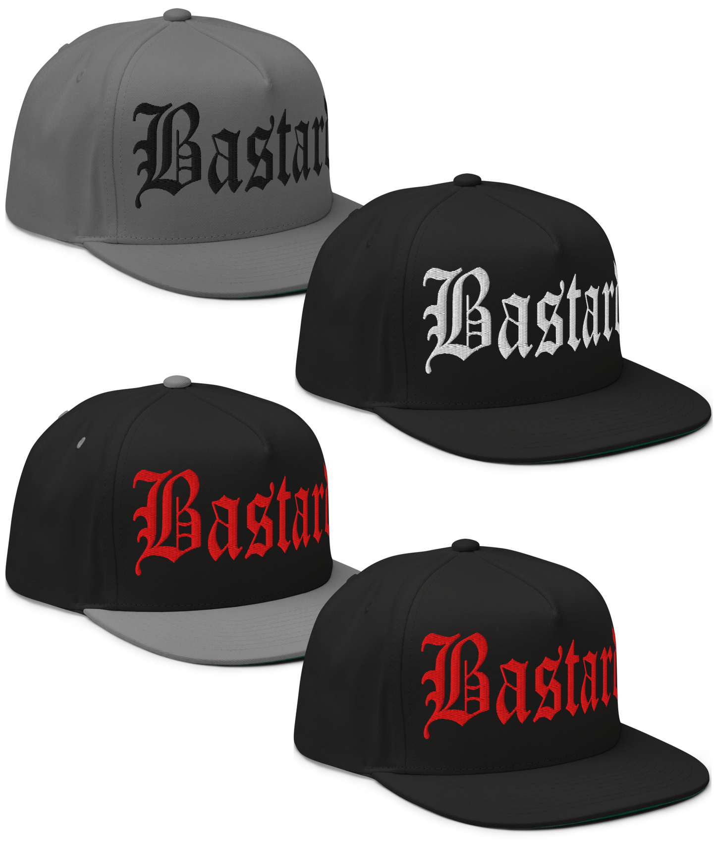 Front collage view of the Evil Bastard Snapback in black & red, black & white, black & gray, and gray from Asphalt Anarchist Clothing Co. Counterculture headwear with Old English front embroidery, 13 insignia on back, and side brand mark. AI Generated Image.