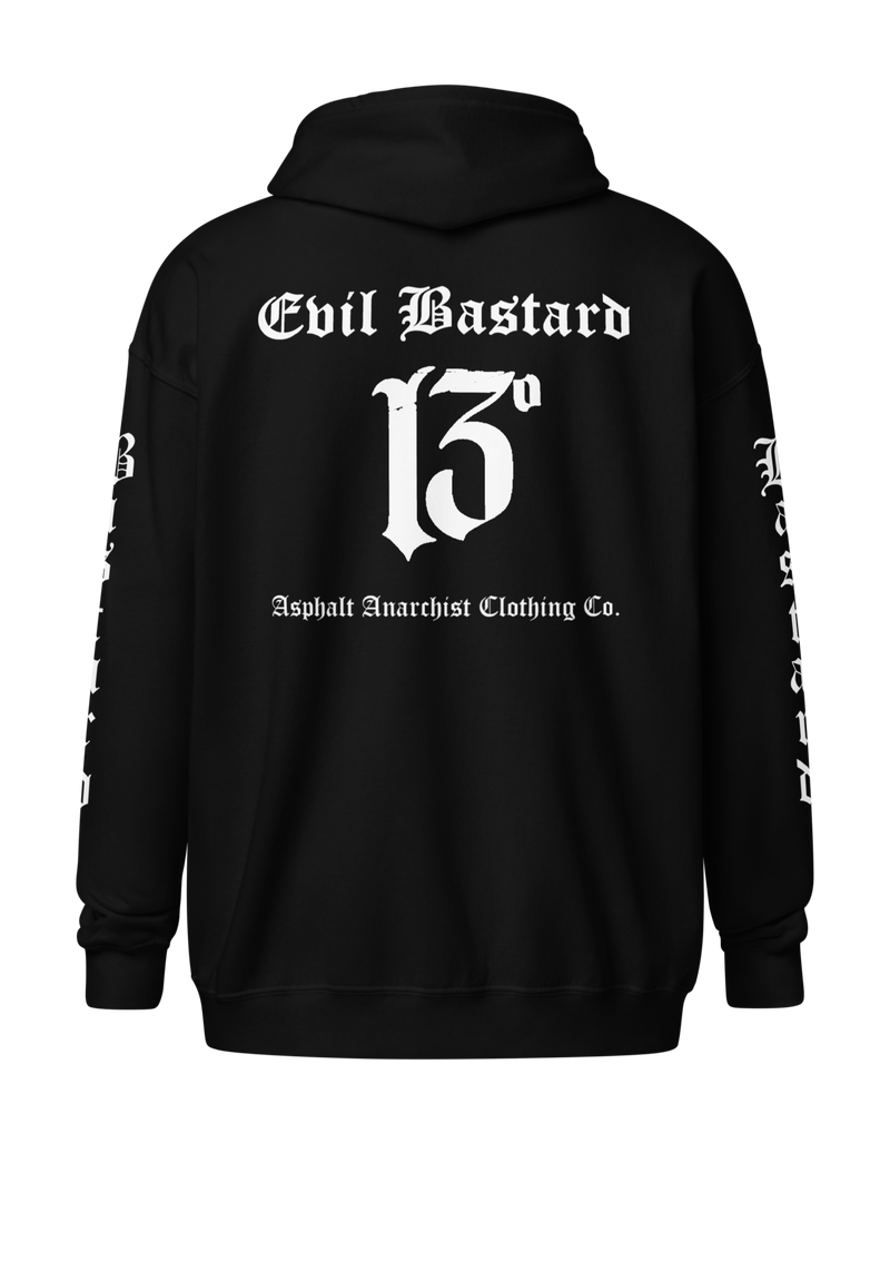Back view of the Evil Bastard Outlaw Zipper Heavy Hoodie from Asphalt Anarchist Clothing Co. Old Skool Hot Rod Apparel. AI Generated Image.