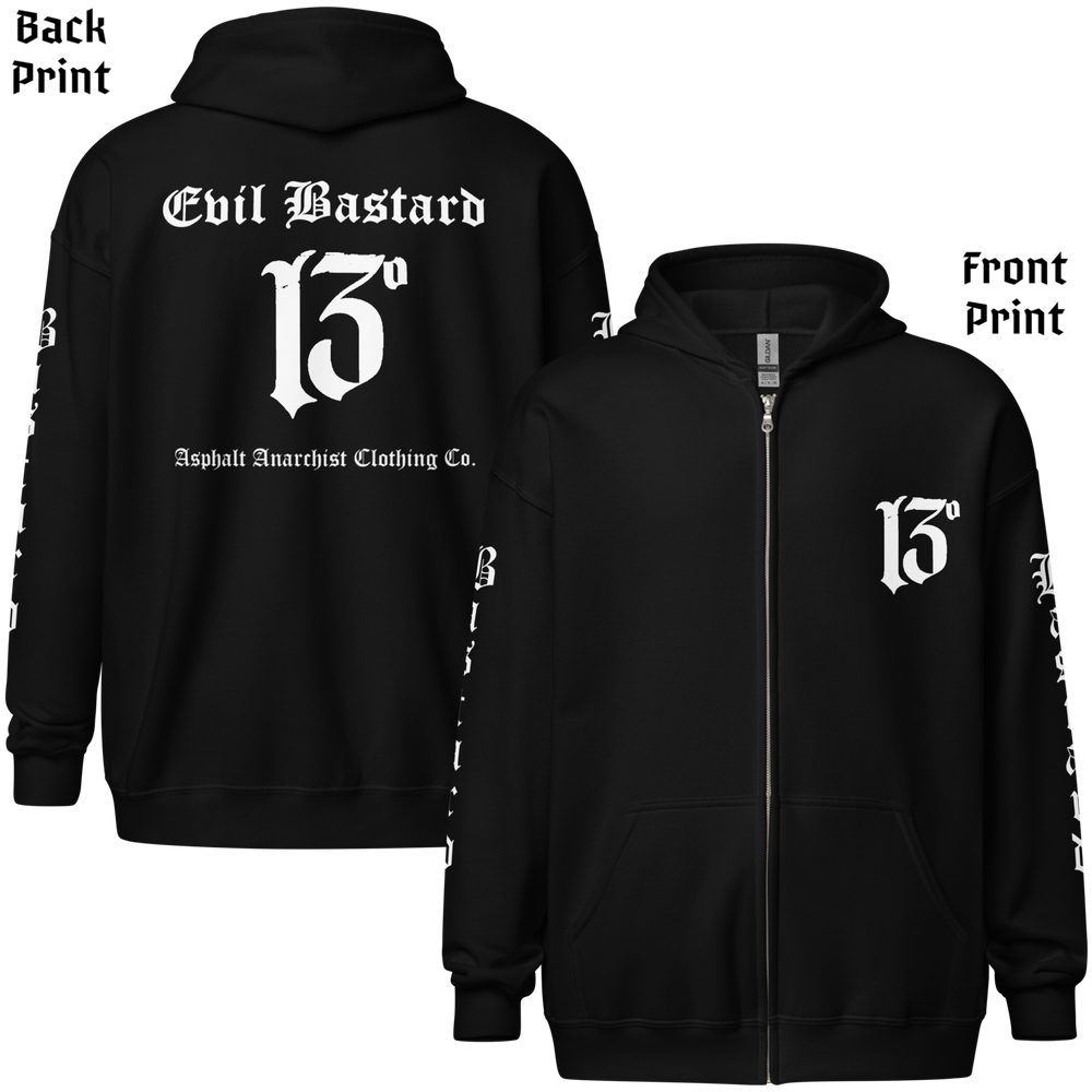 
                  
                    Back & front view of the Evil Bastard Zipper Heavy Hoodie by Asphalt Anarchist Clothing Co.—black hoodie with Old English “Evil Bastard” above iconic 13 on back, 13 on the chest, “Bastard” down each sleeve. Rebel gear for the outlaw tribe. AI Generated image.
                  
                