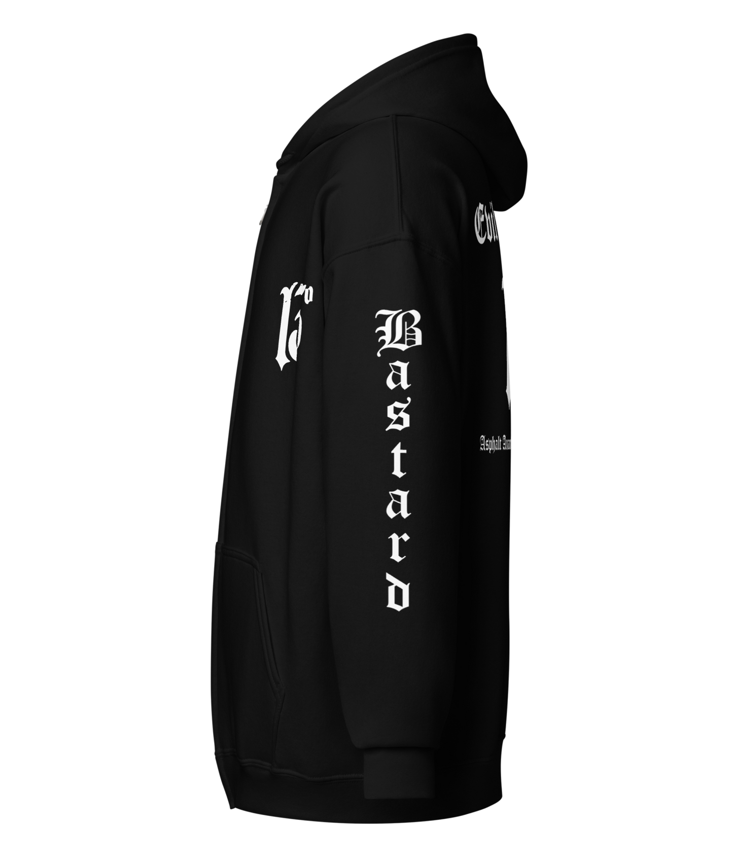 
                  
                    Left side view of the Evil Bastard Zipper Heavy Hoodie by Asphalt Anarchist Clothing Co.—black hoodie with Old English “Evil Bastard” above iconic 13 on back, 13 on the chest, “Bastard” down each sleeve. Rebel gear for the outlaw tribe. AI Generated image.
                  
                
