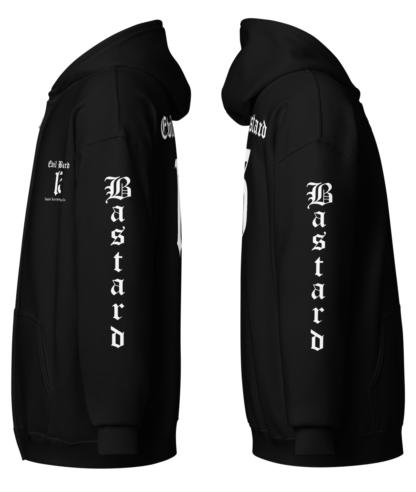 
                  
                    Left & right side view of the Evil Bastard Zipper Heavy Hoodie by Asphalt Anarchist Clothing Co.—black hoodie with Old English “Evil Bastard” above iconic 13 on back, 13 on the chest, “Bastard” down each sleeve. Rebel gear for the outlaw tribe. AI Generated image.
                  
                