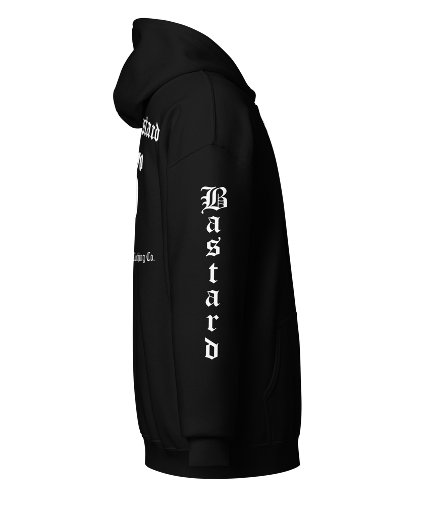 
                  
                    Right side view of the Evil Bastard Zipper Heavy Hoodie by Asphalt Anarchist Clothing Co.—black hoodie with Old English “Evil Bastard” above iconic 13 on back, 13 on the chest, “Bastard” down each sleeve. Rebel gear for the outlaw tribe. AI Generated image.
                  
                
