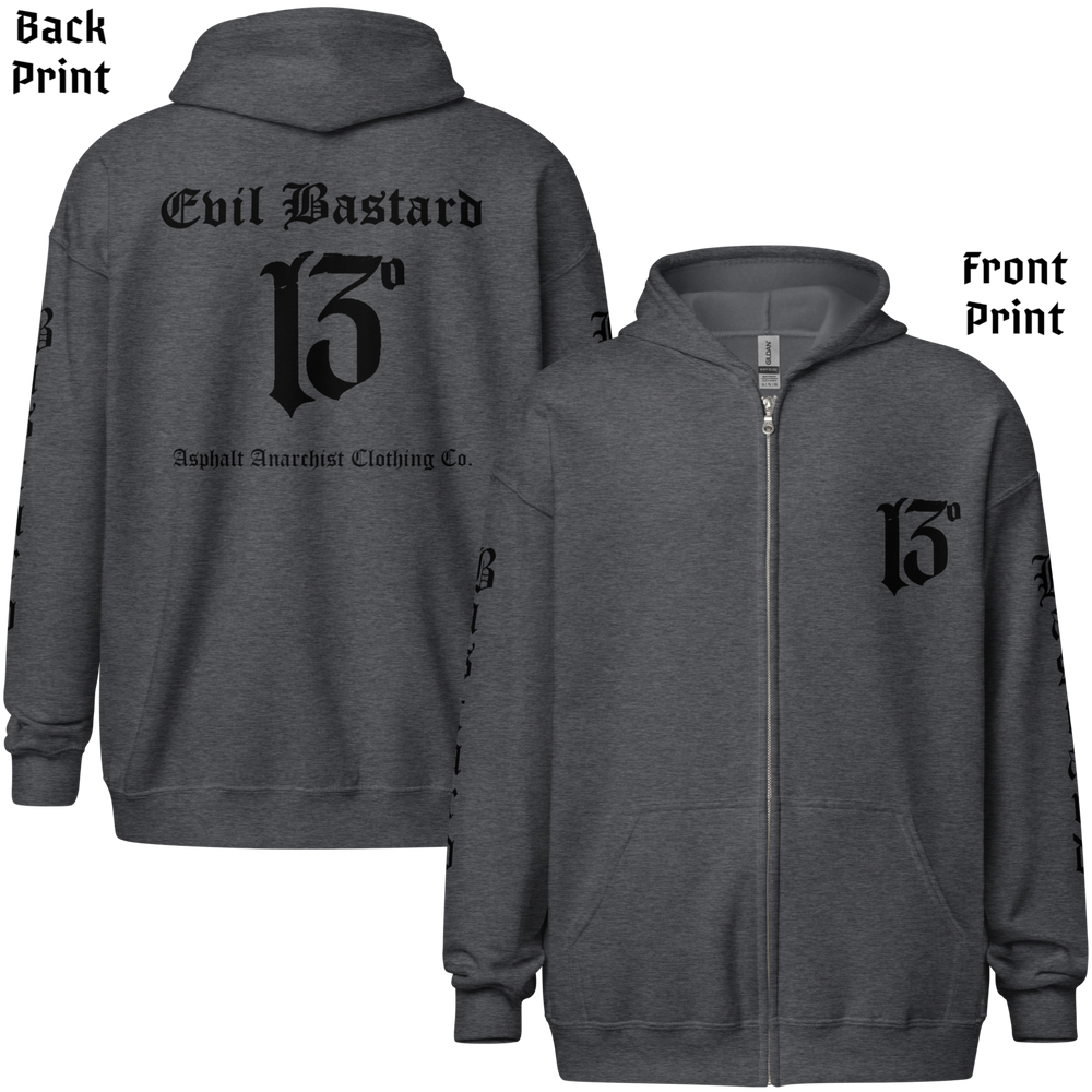 
                  
                    Back & front view of the Evil Bastard Zipper Heavy Hoodie by Asphalt Anarchist Clothing Co.—gray hoodie with Old English “Evil Bastard” above iconic 13 on back, 13 on the chest, “Bastard” down each sleeve. Rebel gear for the outlaw tribe. AI Generated image.
                  
                