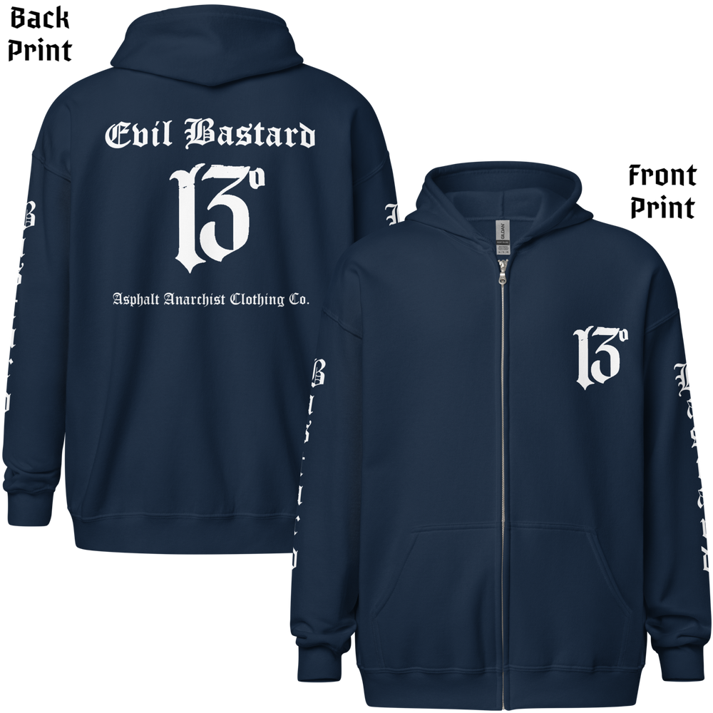 
                  
                    Back & front view of the Evil Bastard Zipper Heavy Hoodie by Asphalt Anarchist Clothing Co.—navy hoodie with Old English “Evil Bastard” above iconic 13 on back, 13 on the chest, “Bastard” down each sleeve. Rebel gear for the outlaw tribe. AI Generated image.
                  
                