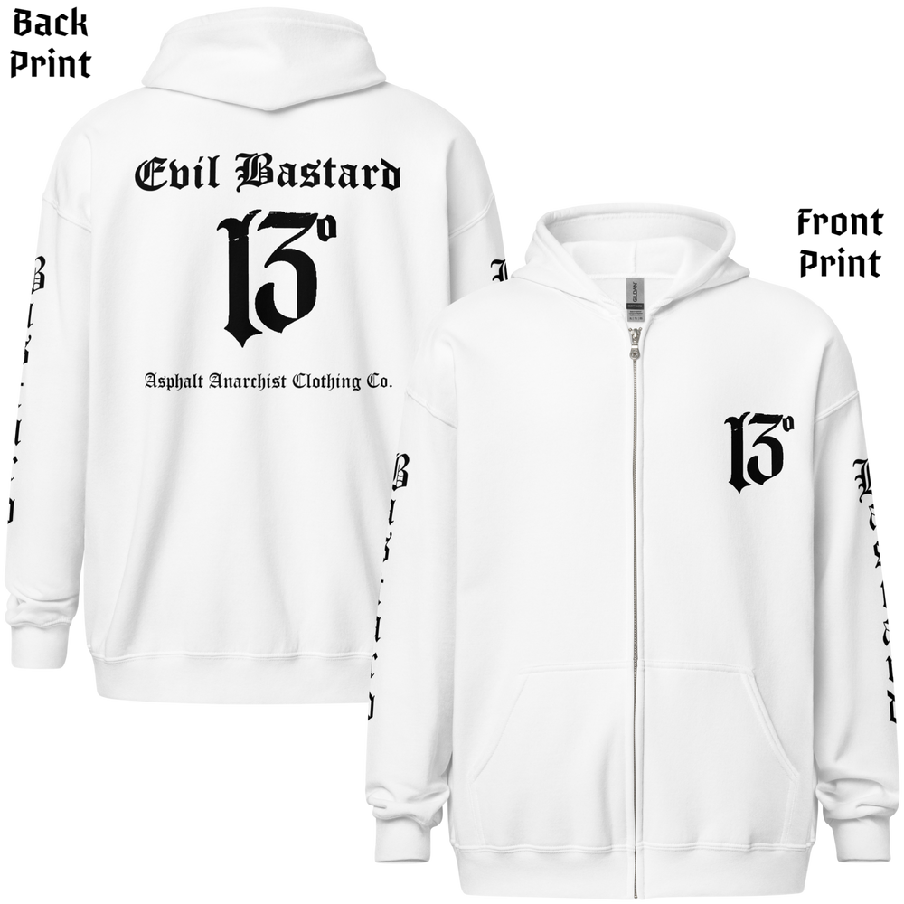 
                  
                    Back & front view of the Evil Bastard Zipper Heavy Hoodie by Asphalt Anarchist Clothing Co.—white hoodie with Old English “Evil Bastard” above iconic 13 on back, 13 on the chest, “Bastard” down each sleeve. Rebel gear for the outlaw tribe. AI Generated image.
                  
                