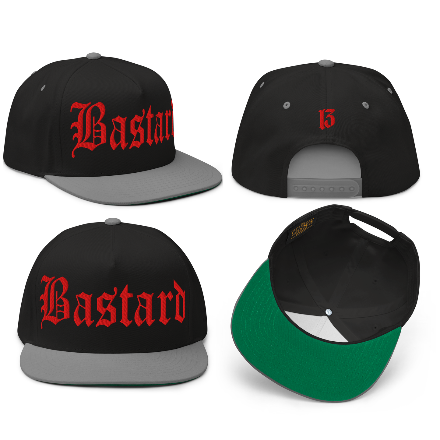 
                  
                    Front collage view of the Evil Bastard Snapback in black & gray from Asphalt Anarchist Clothing Co. Counterculture headwear with Old English front embroidery, 13 insignia on back, and side brand mark. AI Generated Image.
                  
                