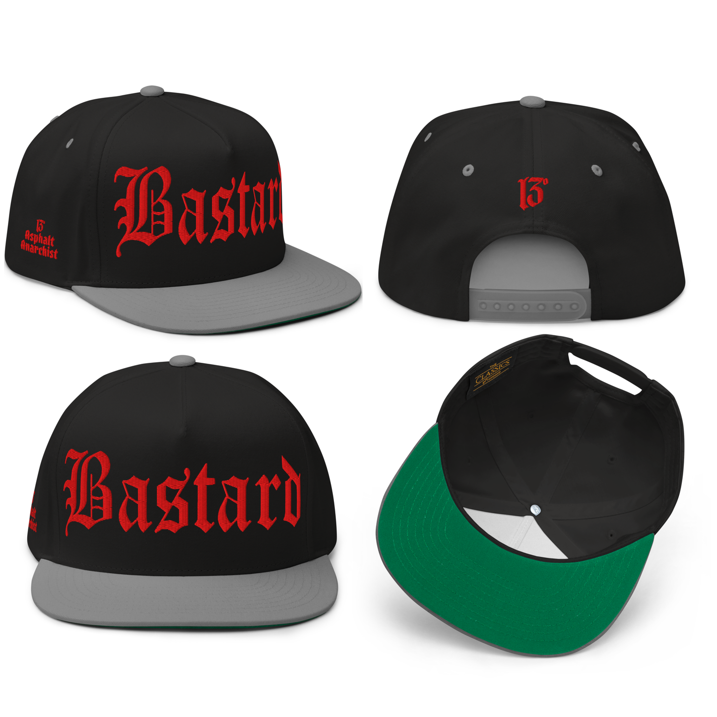 
                  
                    Front collage view of the Evil Bastard Snapback in black & gray from Asphalt Anarchist Clothing Co. Counterculture headwear with Old English front embroidery, 13 insignia on back, and side brand mark. AI Generated Image.
                  
                