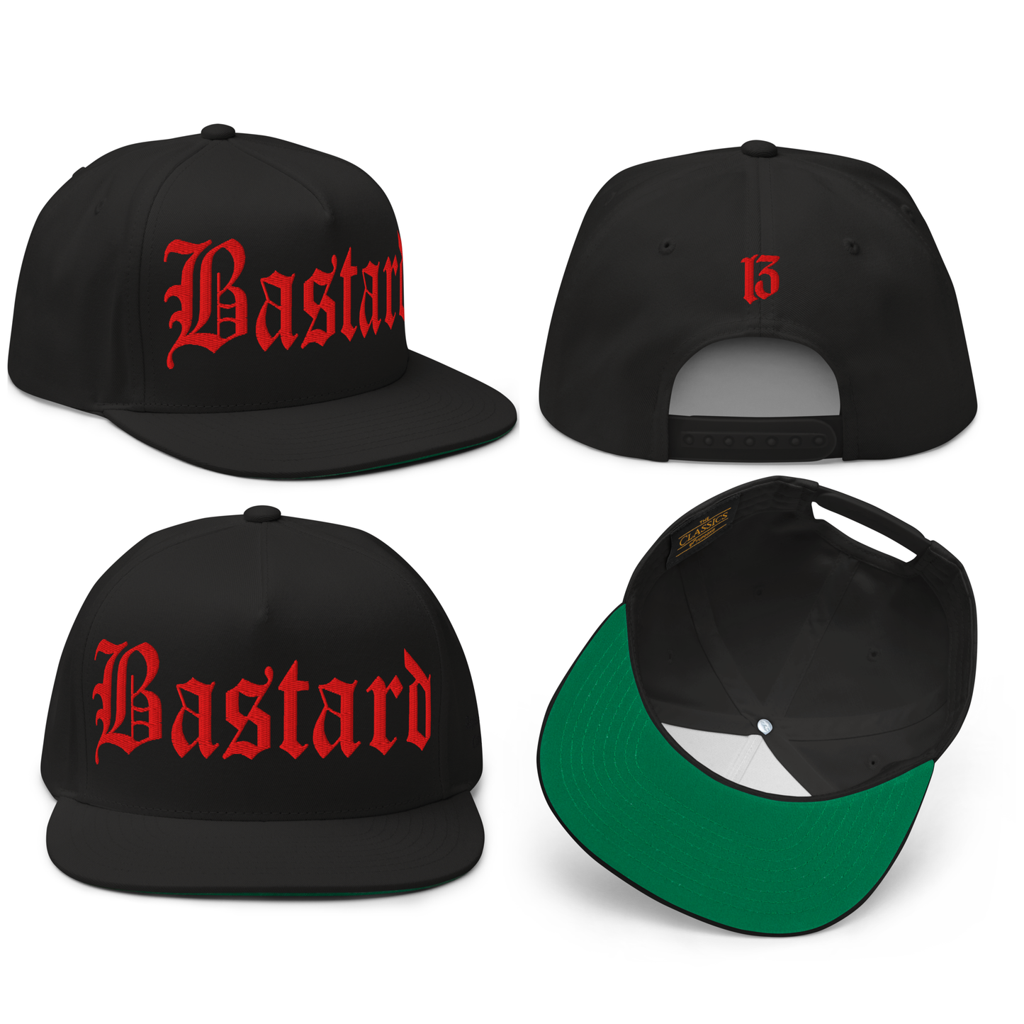 
                  
                    Front collage view of the Evil Bastard Snapback in black & red from Asphalt Anarchist Clothing Co. Counterculture headwear with Old English front embroidery, 13 insignia on back, and side brand mark. AI Generated Image.
                  
                
