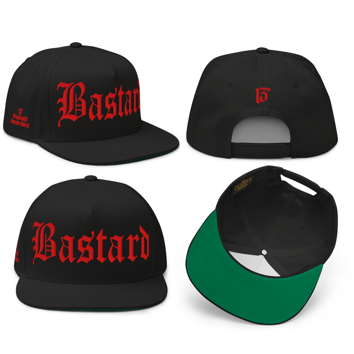 
                  
                    Front collage view of the Evil Bastard Snapback in black & red from Asphalt Anarchist Clothing Co. Counterculture headwear with Old English front embroidery, 13 insignia on back, and side brand mark. AI Generated Image.
                  
                