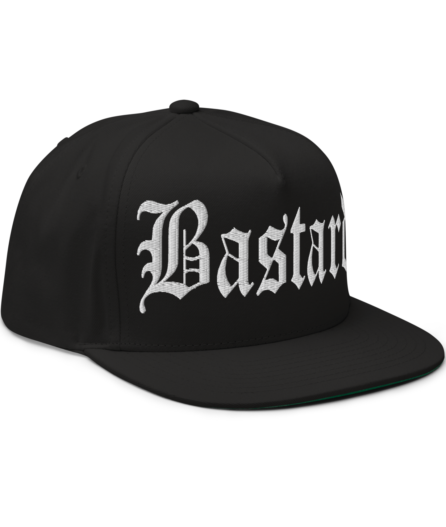 Front view of the Evil Bastard Snapback in black & red from Asphalt Anarchist Clothing Co. Counterculture headwear with Old English front embroidery, 13 insignia on back, and side brand mark. AI Generated Image.