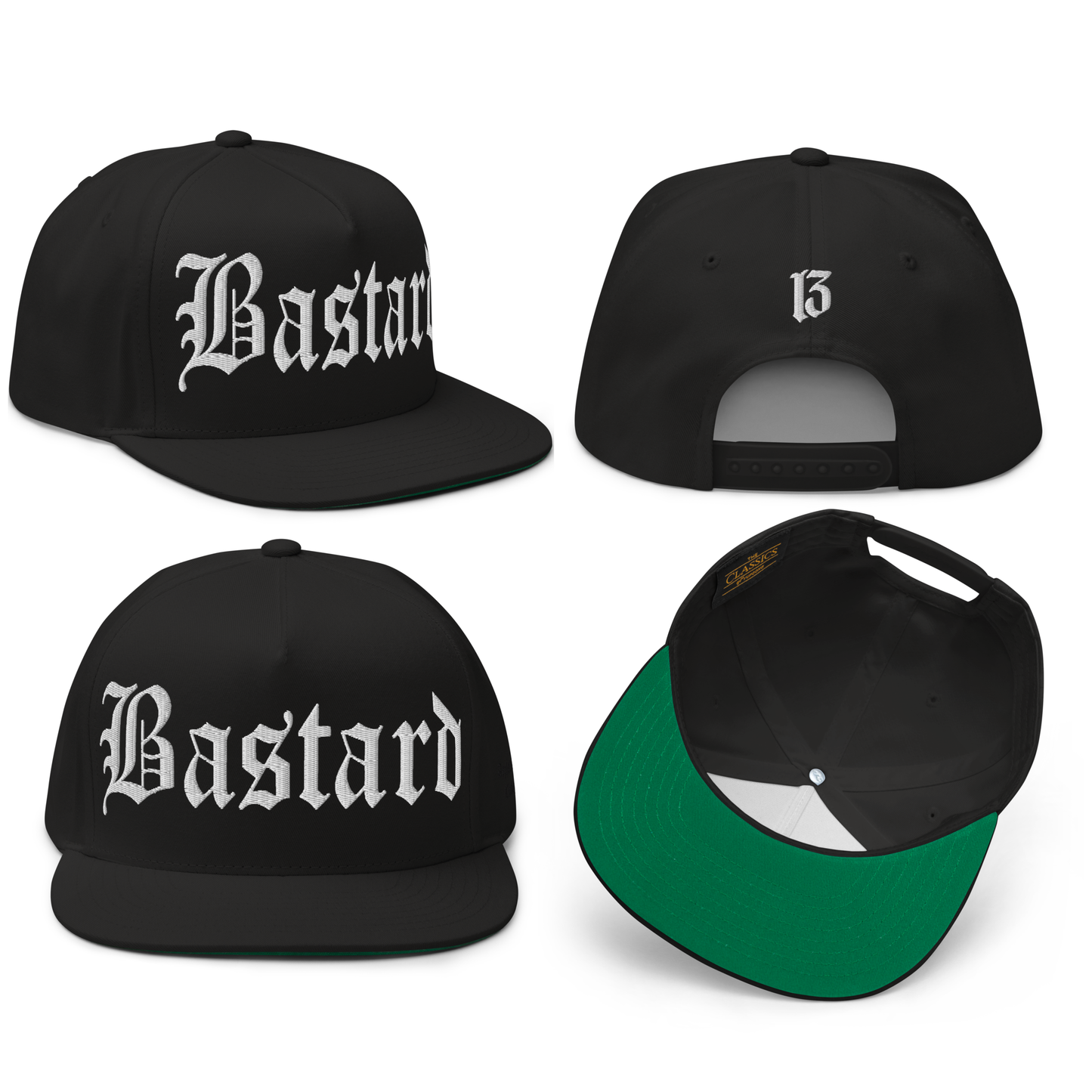 
                  
                    Front collage view of the Evil Bastard Snapback in black & white from Asphalt Anarchist Clothing Co. Counterculture headwear with Old English front embroidery, 13 insignia on back, and side brand mark. AI Generated Image.
                  
                