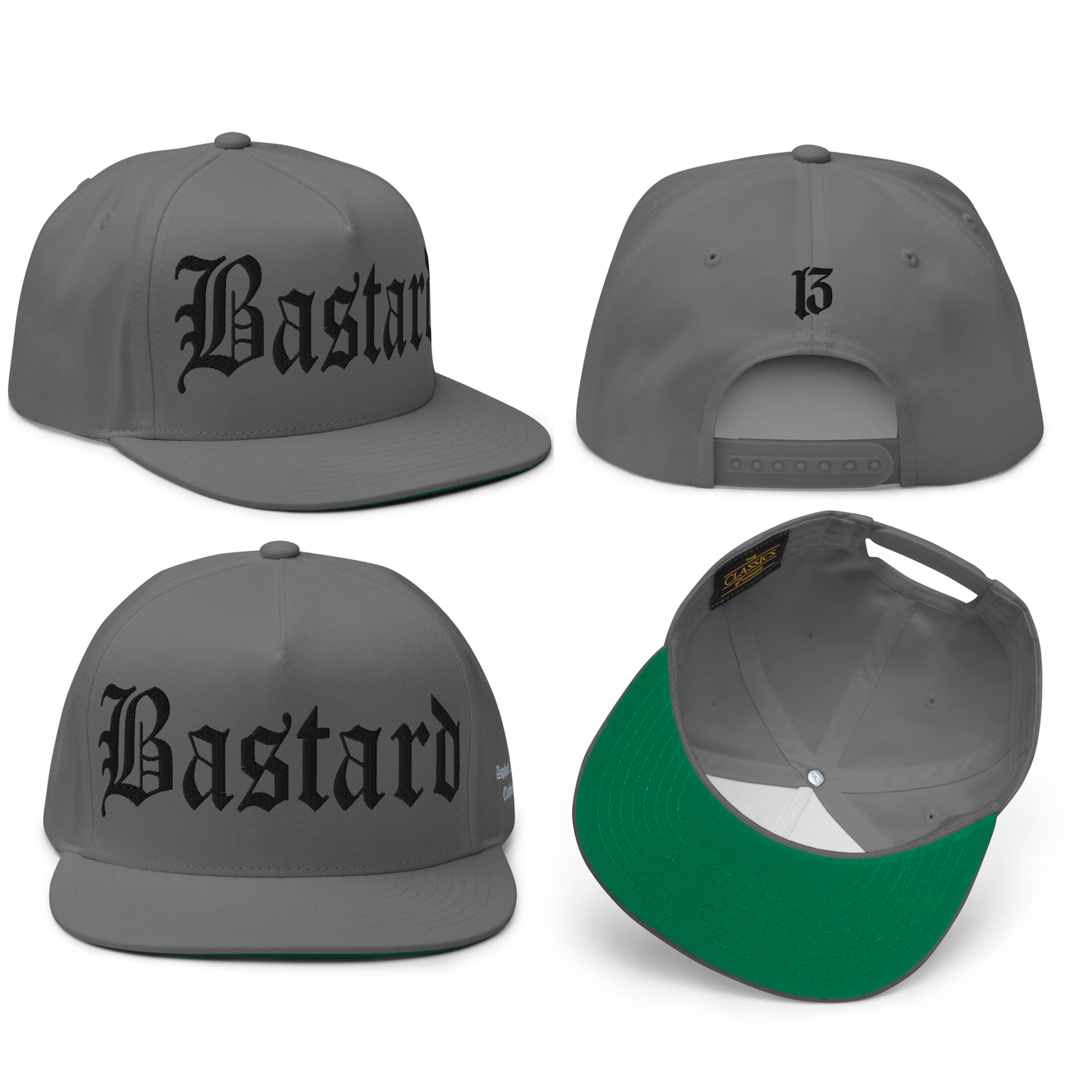 
                  
                    Front collage view of the Evil Bastard Snapback in gray from Asphalt Anarchist Clothing Co. Counterculture headwear with Old English front embroidery, 13 insignia on back, and side brand mark. AI Generated Image.
                  
                