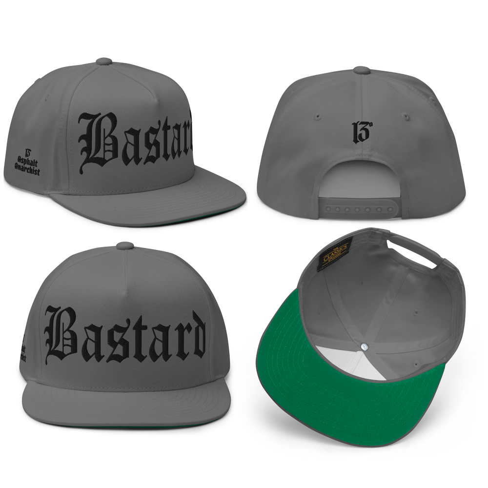 
                  
                    Front collage view of the Evil Bastard Snapback in gray from Asphalt Anarchist Clothing Co. Counterculture headwear with Old English front embroidery, 13 insignia on back, and side brand mark. AI Generated Image.
                  
                