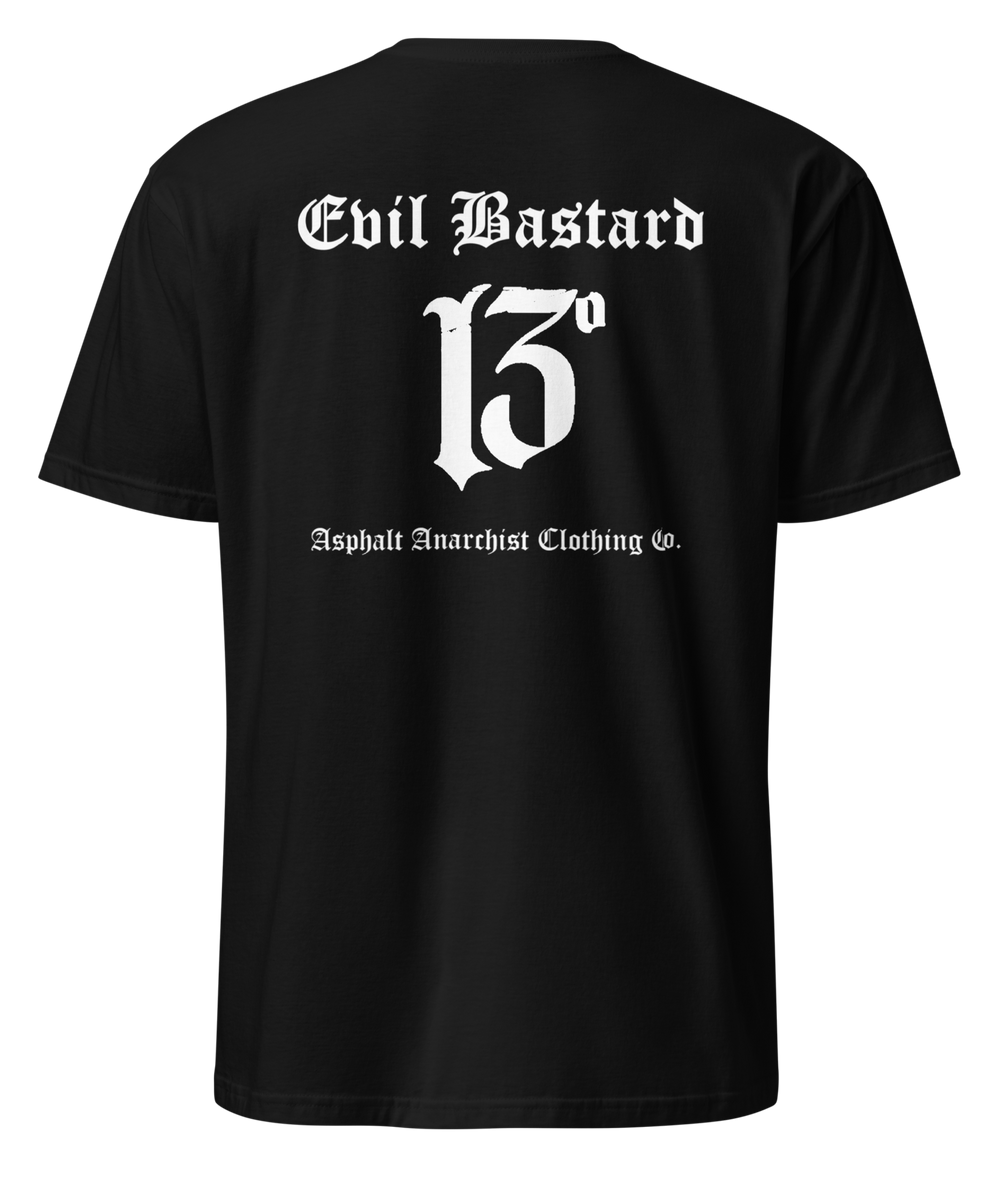 Back view of black soft-style t-shirt with full-back “Evil Bastard” in bold Old English font, arched over a distressed number 13. Vintage styling meets modern outlaw attitude. By Asphalt Anarchist Clothing Co. This image was generated by AI.