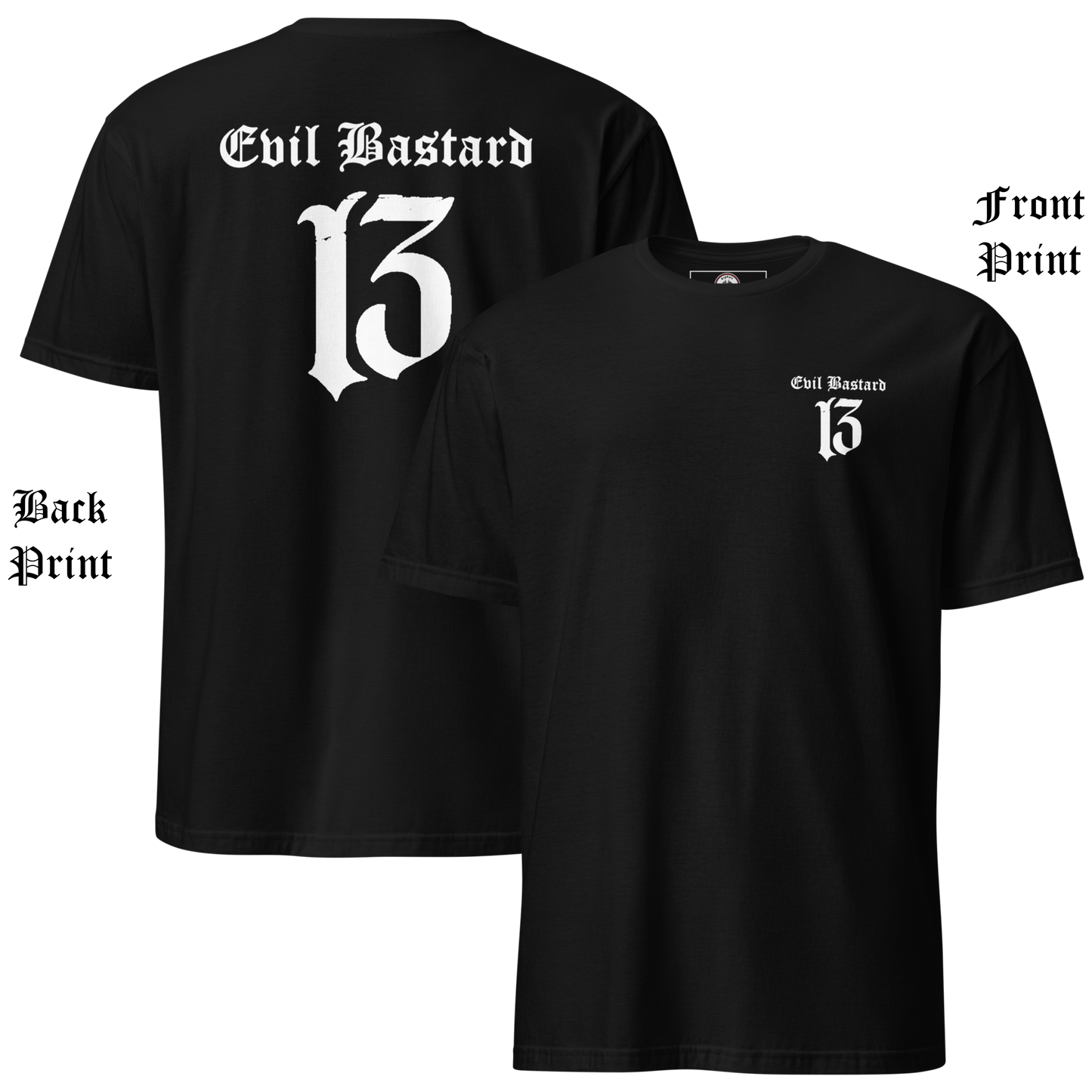 
                  
                    Back collage view of black, navy, red, and white soft-style t-shirt with full-back “Evil Bastard” in bold Old English font, arched over a distressed number 13. Vintage styling meets modern outlaw attitude. By Asphalt Anarchist Clothing Co. This image was generated by AI.
                  
                