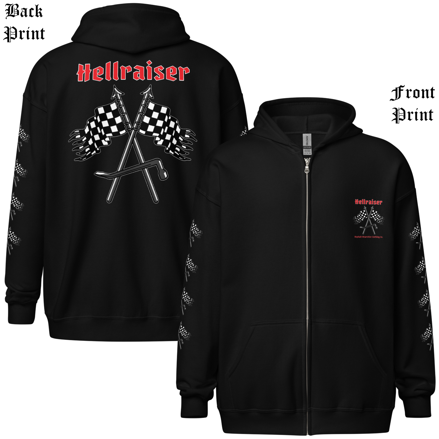
                  
                    Front & Back view of the Asphalt Anarchist Hellraiser Hoodie in black featuring bold back Hellraiser text with piked checkered flags. AI‑generated image.
                  
                