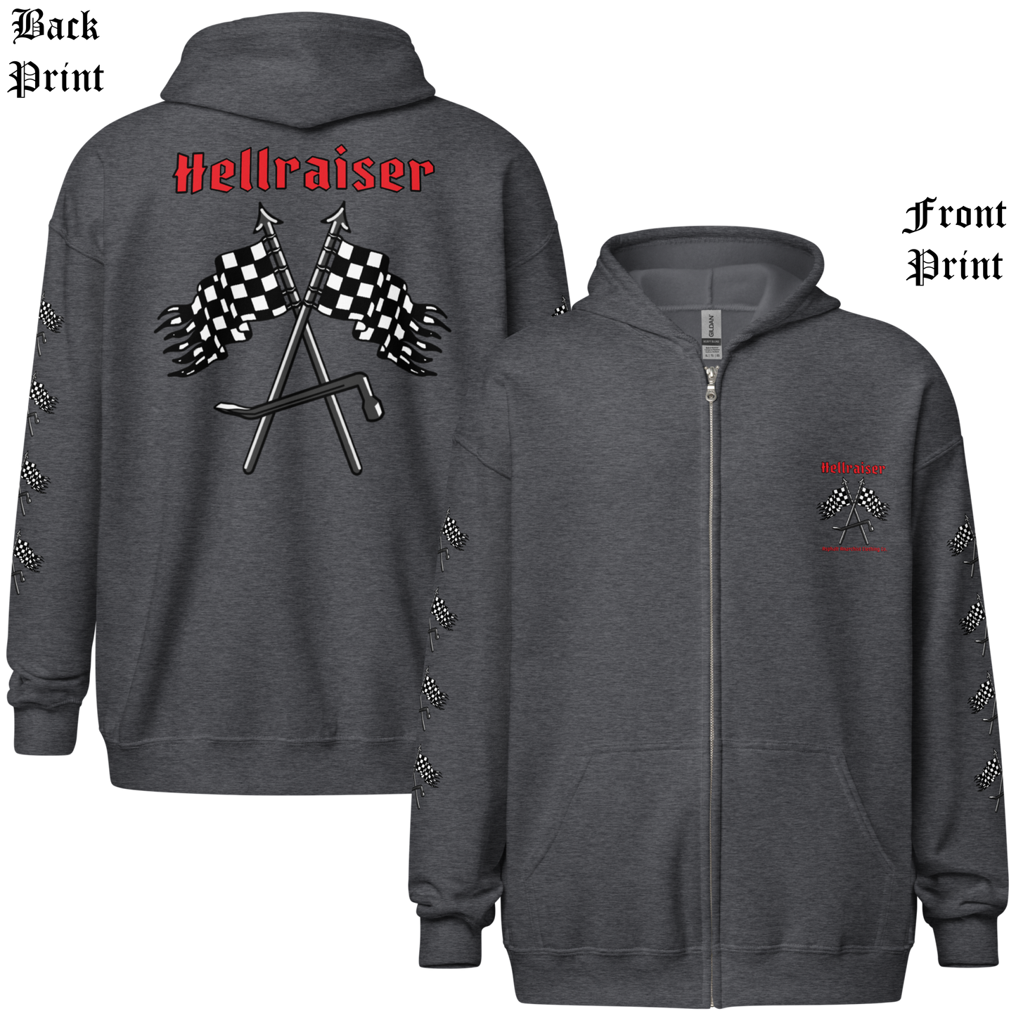 
                  
                    Front & Back view of the Asphalt Anarchist Hellraiser Hoodie in dark heather featuring bold back Hellraiser text with piked checkered flags. AI‑generated image.
                  
                