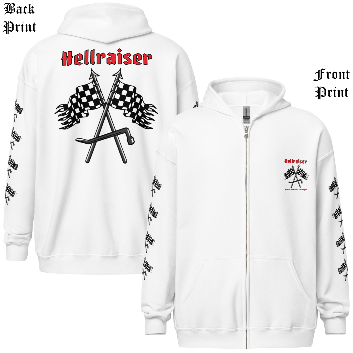 
                  
                    Front & Back view of the Asphalt Anarchist Hellraiser Hoodie in white featuring bold back Hellraiser text with piked checkered flags. AI‑generated image.
                  
                
