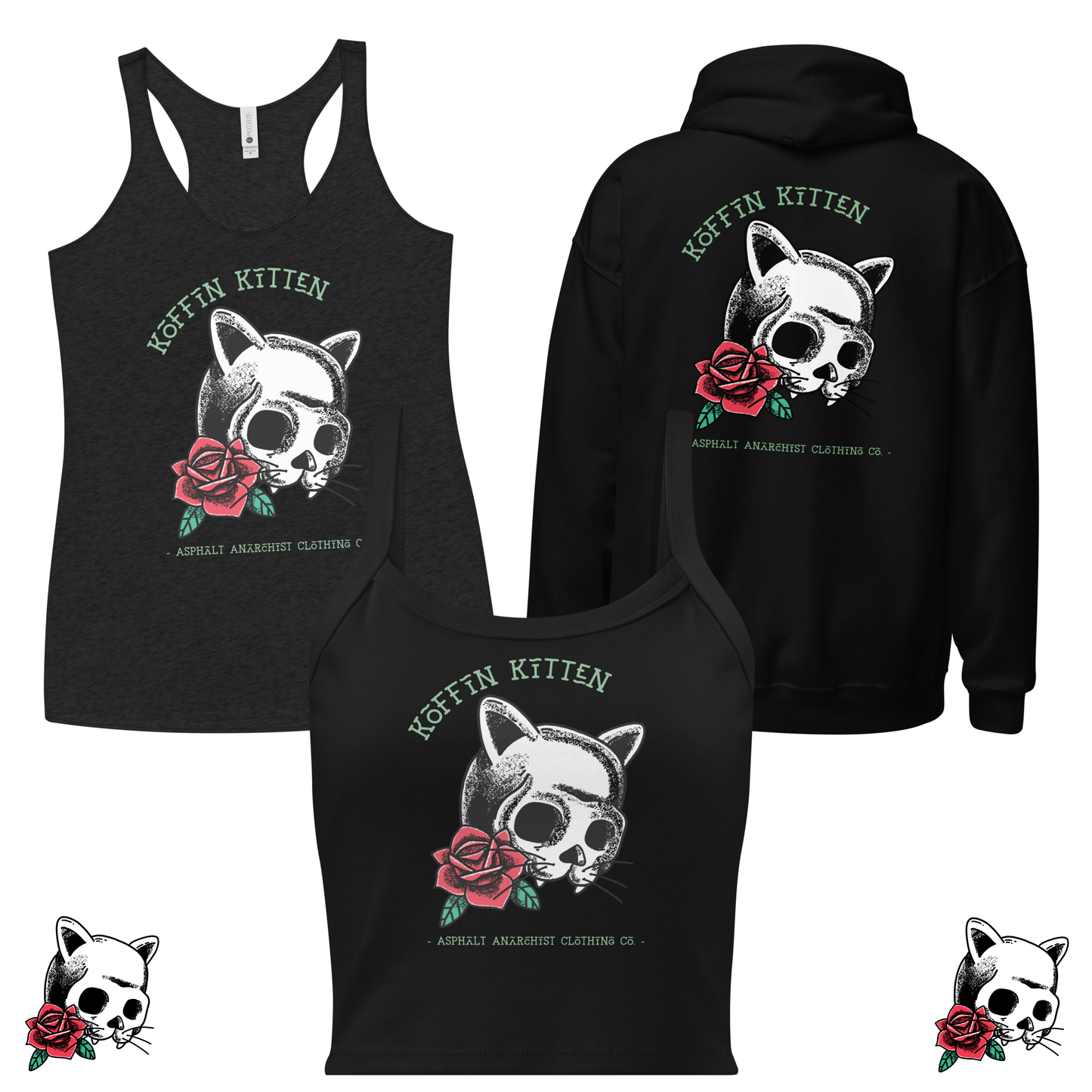 Koffin Kitten Collection from Asphalt Anarchist Clothing Co. Retro rockabilly ghoul delight! Design of a kitten skull and a rose. AI Generated Image