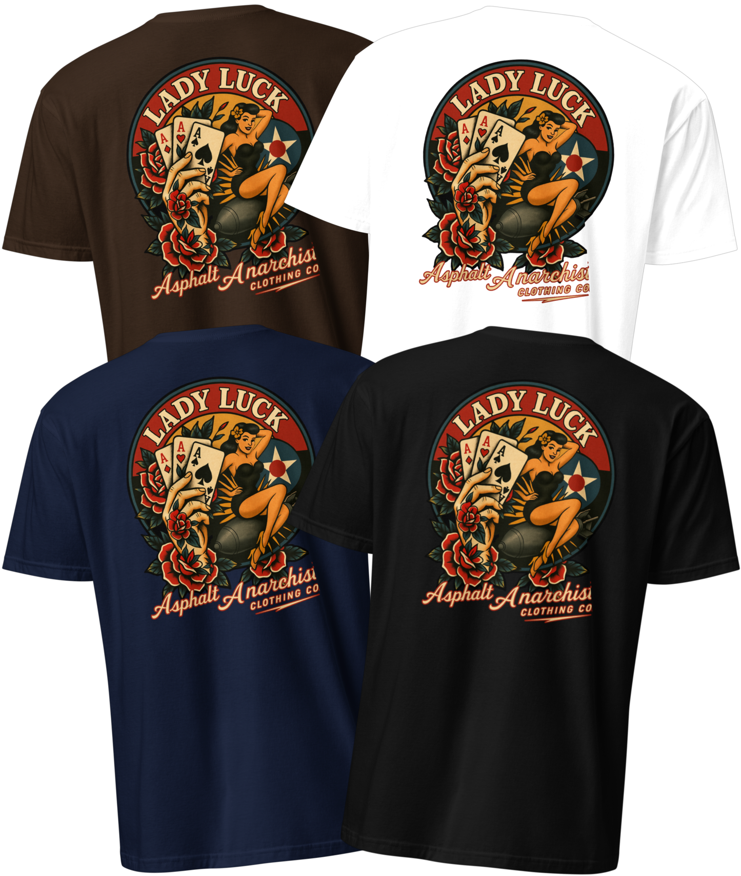 
                  
                    Back view of the Lady Luck black, white, navy, brown soft-style Tee from Asphalt Anarchist Clothing Co.  The artwork showcases a WWII-style pin-up girl riding a bomb in mid-flight, flanked by traditional tattoo-style elements including a tattooed hand clutching three aces, and vibrant rose motifs. The graphic is rendered in classic Americana colors with subtle shading and crisp linework for a flash-art aesthetic. AI Generated Image.
                  
                