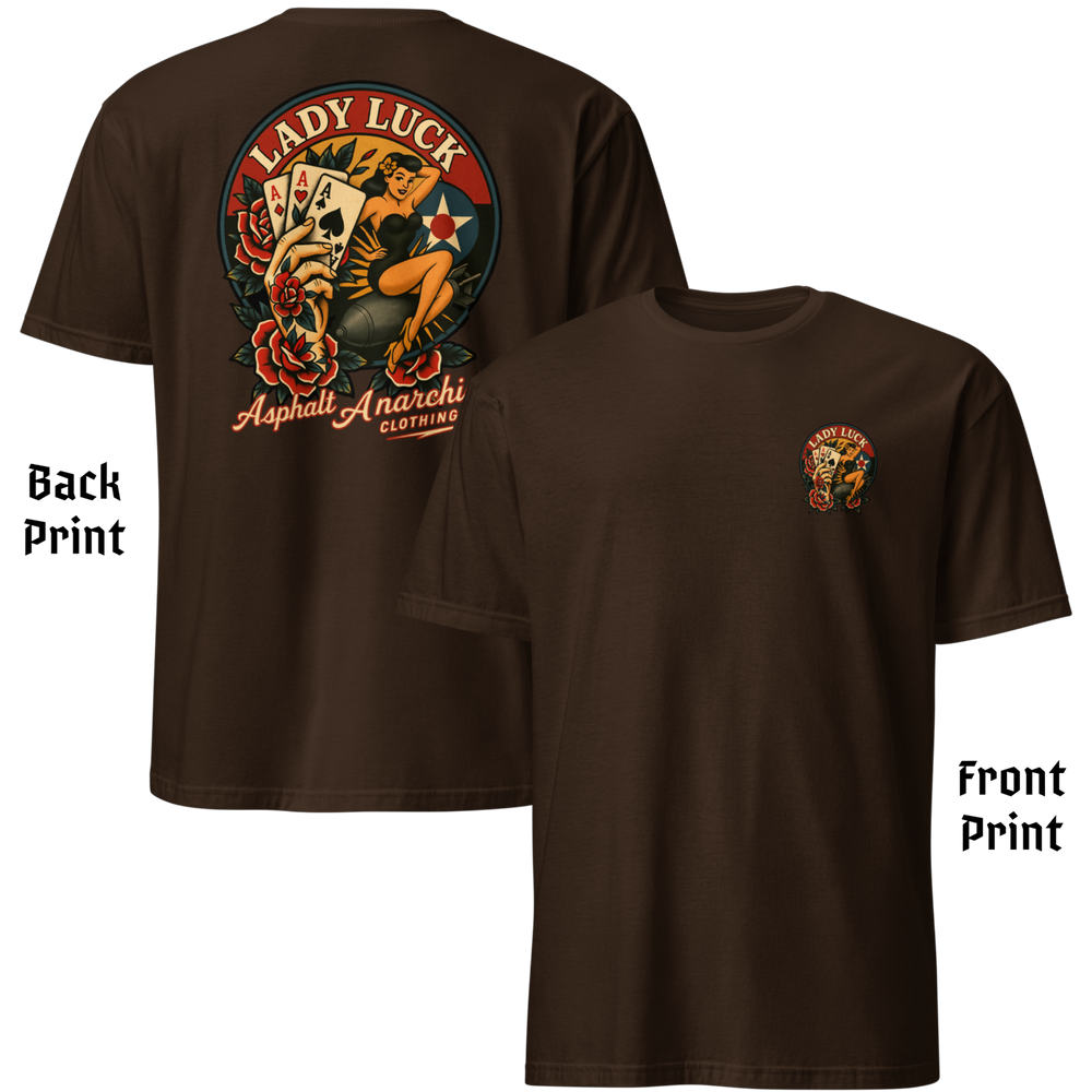 
                  
                    Back & Front view of the Lady Luck brown soft-style Tee from Asphalt Anarchist Clothing Co.  The artwork showcases a WWII-style pin-up girl riding a bomb in mid-flight, flanked by traditional tattoo-style elements including a tattooed hand clutching three aces, and vibrant rose motifs. The graphic is rendered in classic Americana colors with subtle shading and crisp linework for a flash-art aesthetic. AI Generated Image.
                  
                