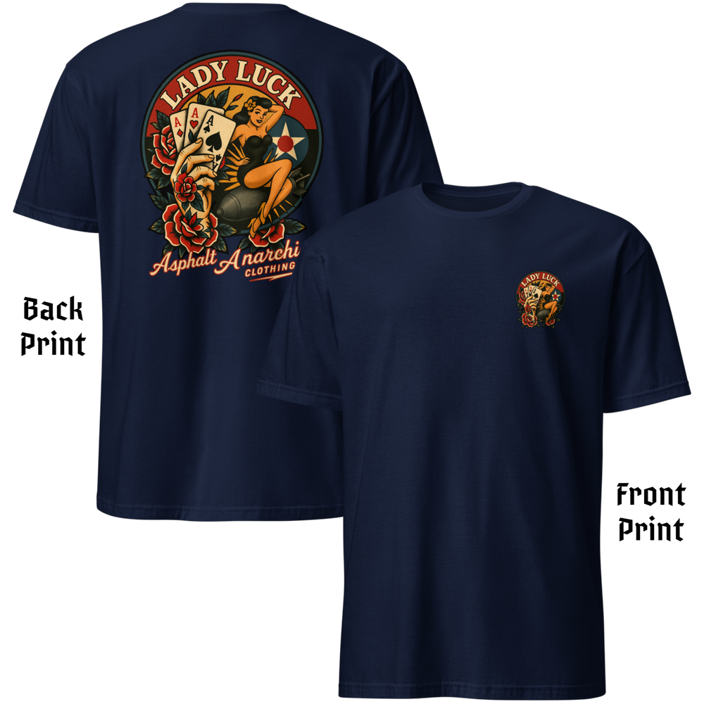 
                  
                    Back & Front view of the Lady Luck navy soft-style Tee from Asphalt Anarchist Clothing Co.  The artwork showcases a WWII-style pin-up girl riding a bomb in mid-flight, flanked by traditional tattoo-style elements including a tattooed hand clutching three aces, and vibrant rose motifs. The graphic is rendered in classic Americana colors with subtle shading and crisp linework for a flash-art aesthetic. AI Generated Image.
                  
                