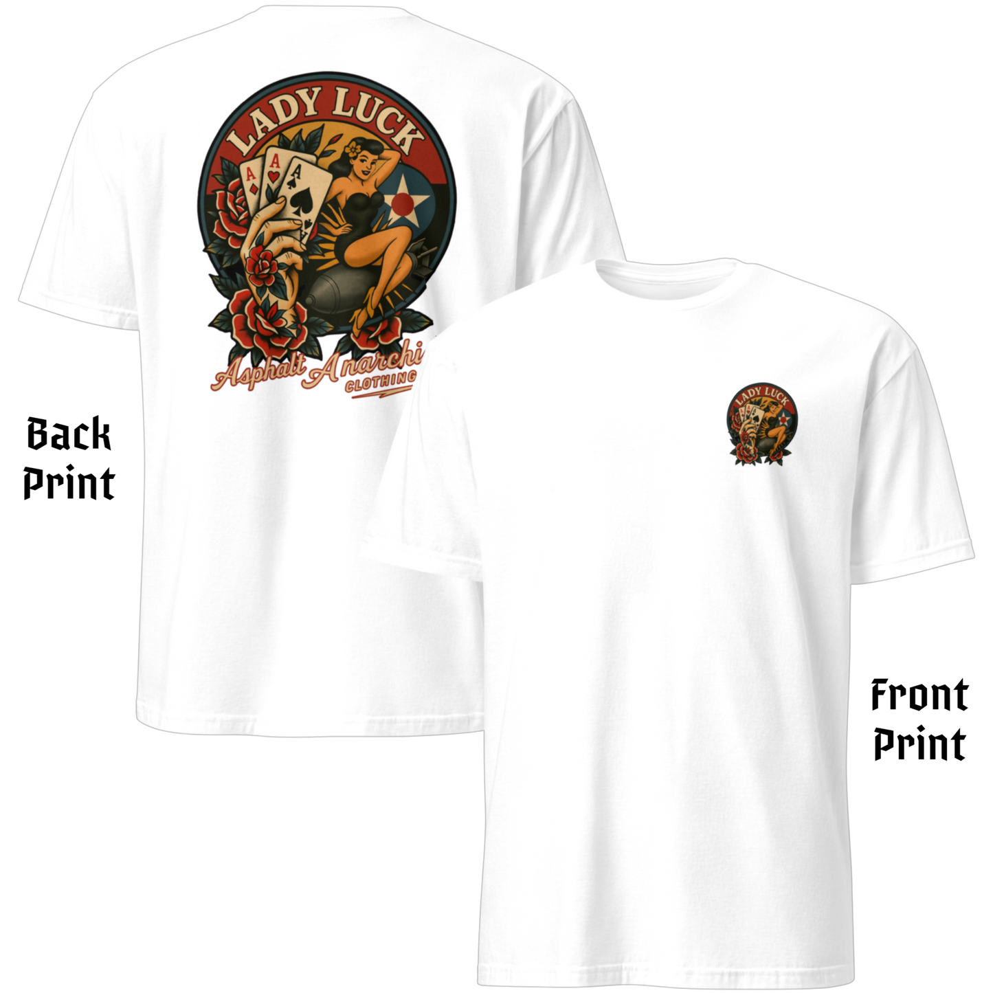 
                  
                    Back & Front view of the Lady Luck brown soft-style Tee from Asphalt Anarchist Clothing Co.  The artwork showcases a WWII-style pin-up girl riding a bomb in mid-flight, flanked by traditional tattoo-style elements including a tattooed hand clutching three aces, and vibrant rose motifs. The graphic is rendered in classic Americana colors with subtle shading and crisp linework for a flash-art aesthetic. AI Generated Image.
                  
                