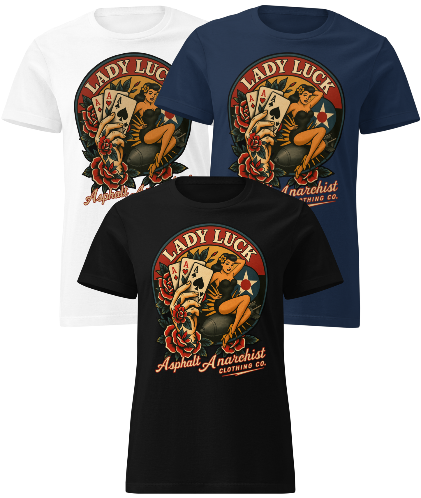 Front collage view of  Lady Luck Soft-Style Tee in black, white, or navy from Asphalt Anarchist Clothing Co.—graphic features a bold  pin-up riding a bomb mid-flight, clenching three aces in her fist, framed by classic rose flash art inspired by WW2 era B-17 nose cone artwork. Semi-fitted women’s cut, lightweight cotton, flat-lay styling.
