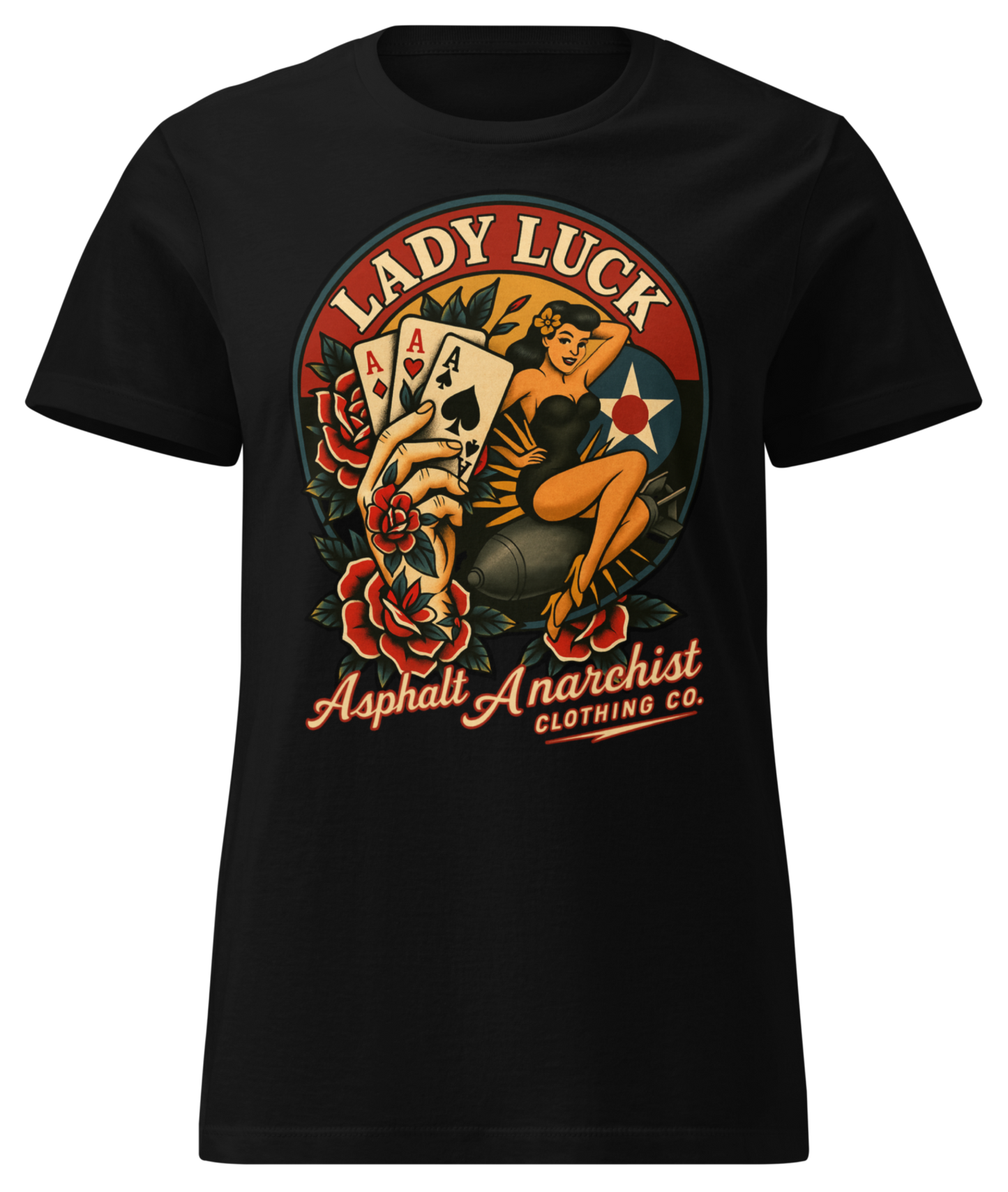 Front view of  Lady Luck Soft-Style Tee in black from Asphalt Anarchist Clothing Co.—graphic features a bold  pin-up riding a bomb mid-flight, clenching three aces in her fist, framed by classic rose flash art inspired by WW2 era B-17 nose cone artwork. Semi-fitted women’s cut, lightweight cotton, flat-lay styling.
