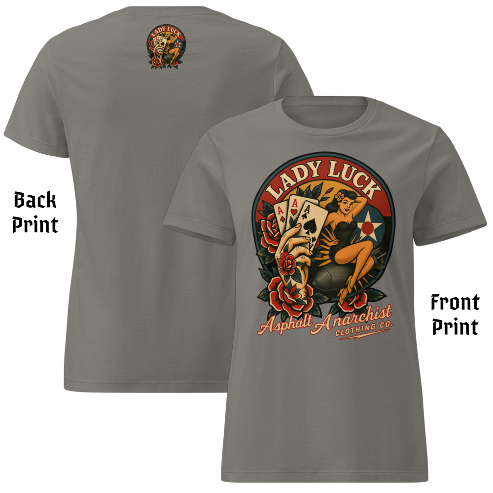
                  
                    Front & back view of  Lady Luck Soft-Style Tee in charcoal gray from Asphalt Anarchist Clothing Co.—graphic features a bold  pin-up riding a bomb mid-flight, clenching three aces in her fist, framed by classic rose flash art inspired by WW2 era B-17 nose cone artwork. Semi-fitted women’s cut, lightweight cotton, flat-lay styling.

                  
                