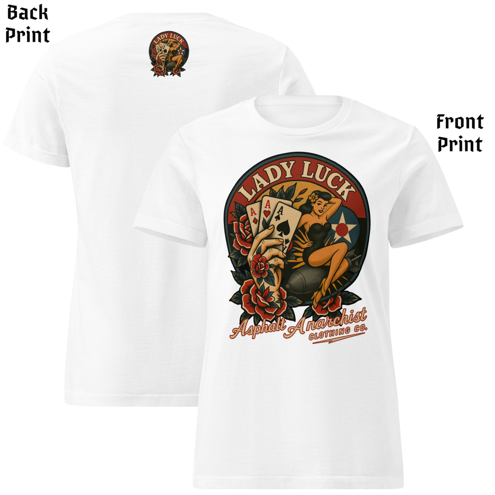 
                  
                    Front & back view of  Lady Luck Soft-Style Tee in white from Asphalt Anarchist Clothing Co.—graphic features a bold  pin-up riding a bomb mid-flight, clenching three aces in her fist, framed by classic rose flash art inspired by WW2 era B-17 nose cone artwork. Semi-fitted women’s cut, lightweight cotton, flat-lay styling.

                  
                