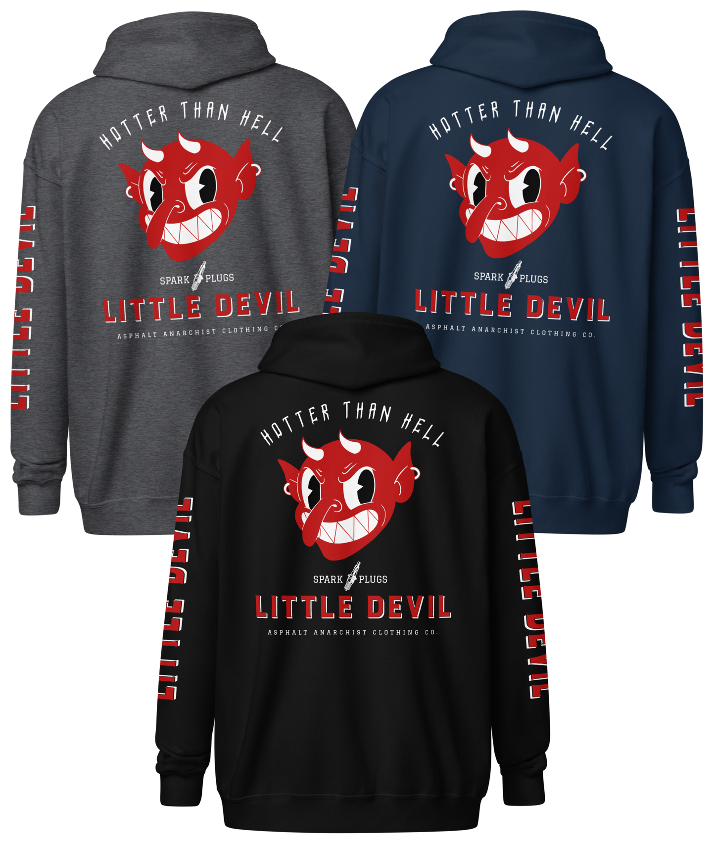 Back collage view - Little Devil Heavy Zipper Hoodie in black, dark heather, or navy, Asphalt Anarchist branding, retro devil graphic, and sleeve text detail. AI-generated image.
